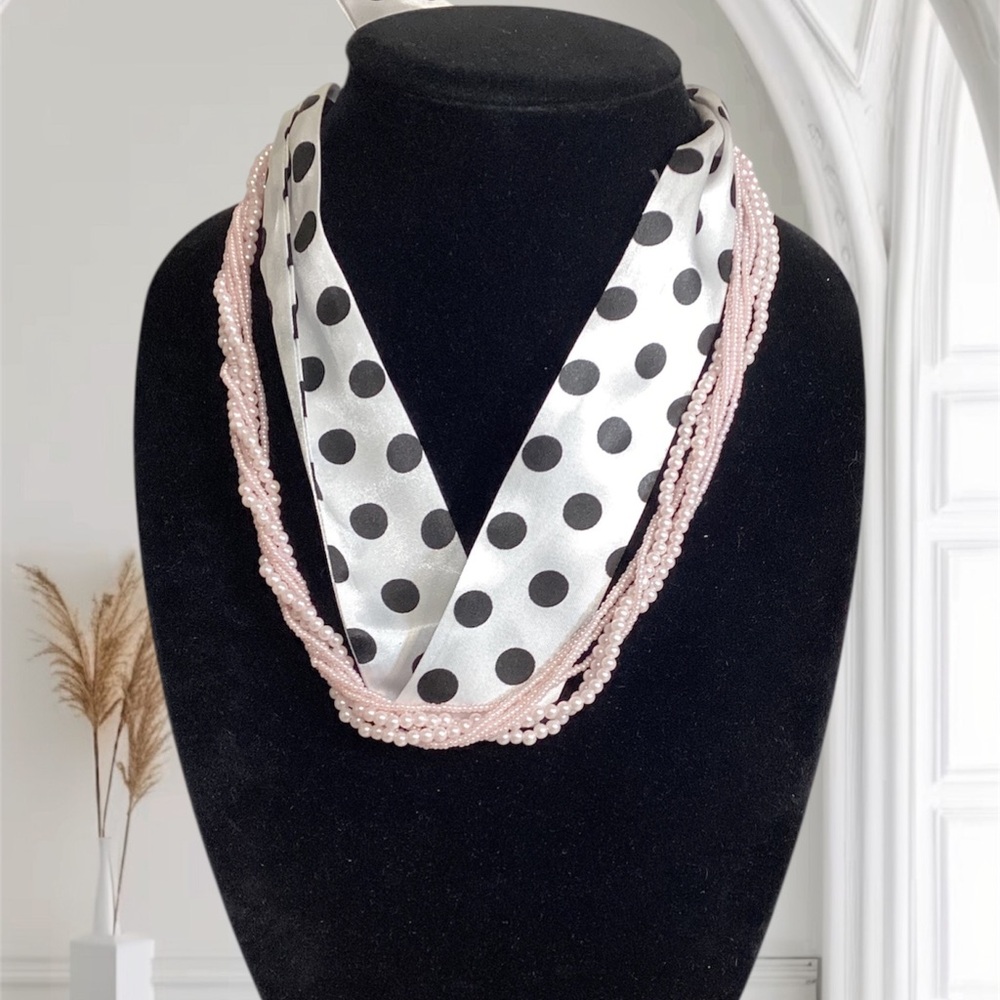 (#15) Polka Dot Ribbon/ Scraf with Pink Beaded Vintage Necklace